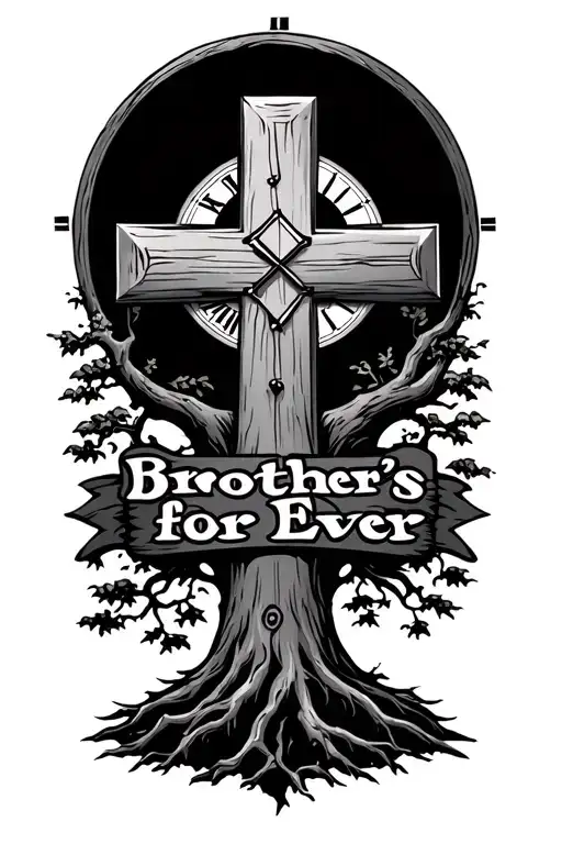 "Brother's for Ever "  cross with tree growing with clock in background  tattoo design idea