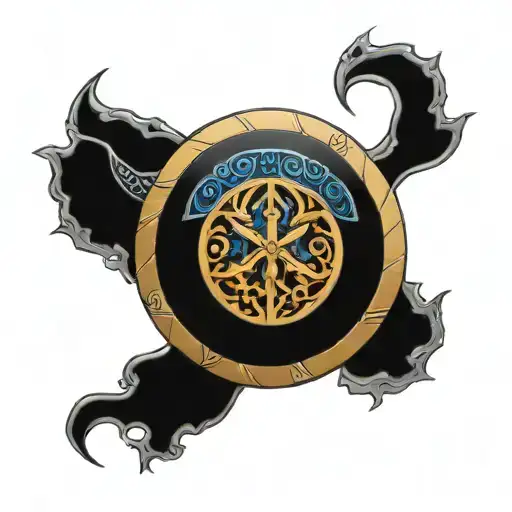 An intricate design of a Viking shield featuring colon cancer awareness colors and symbols, representing protection and courage tattoo design idea