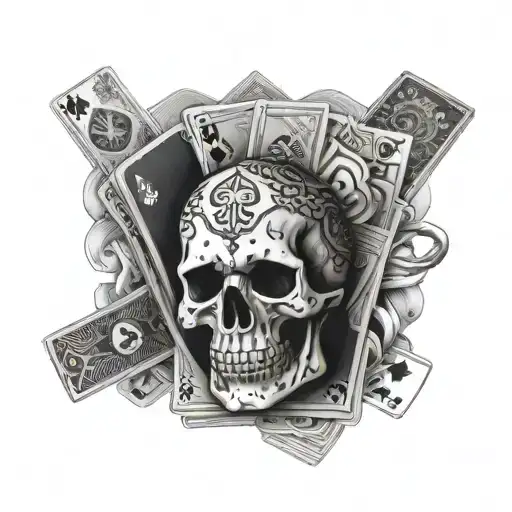 male hand tattoo containing a stack of banknotes, playing cards, dice and a skull tattoo design idea