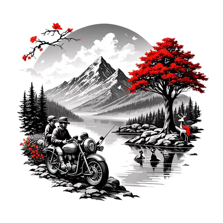 mountain scene,  winding road with motorcycle,  pond with man and girl fishing,  deer, morning glories, tree with red Ca tattoo design idea