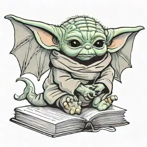 baby yoda hugging a baby dragon over a book tattoo design idea