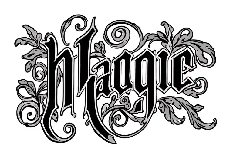 "Maggie" name with design with swirls and vintage old English letters  tattoo design idea