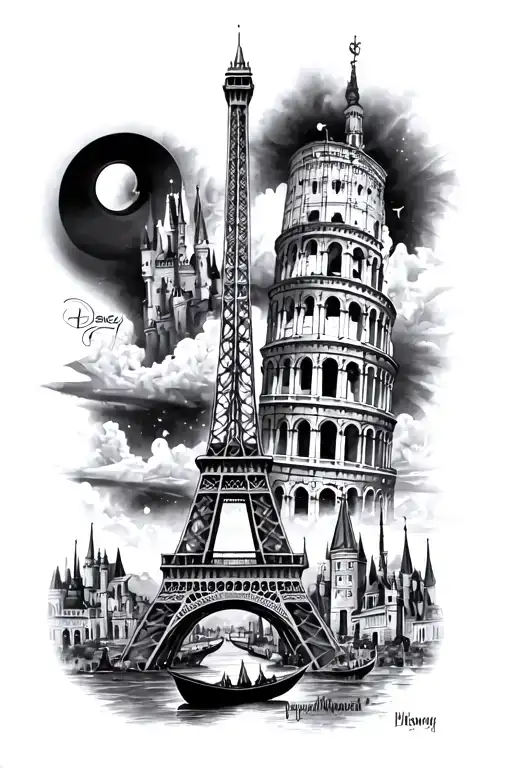 full Leg sleeve tattoo with eiffel tower, colosseum, gondola, Disney castle and hollywood realistic style, focus on shad tattoo design idea