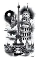 full Leg sleeve tattoo with eiffel tower, colosseum, gondola, Disney castle and hollywood realistic style, focus on shad tattoo design idea