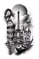 full Leg sleeve tattoo with eiffel tower, colosseum, gondola, Disney castle and hollywood realistic style, focus on shad tattoo design idea