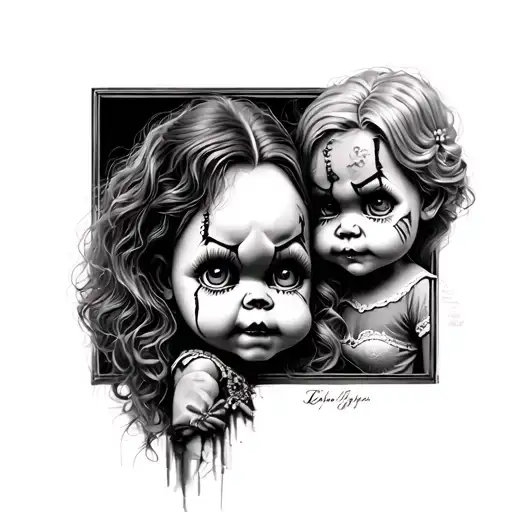 Chucky doll cutting Chucky bride head off holding it up tattoo design idea