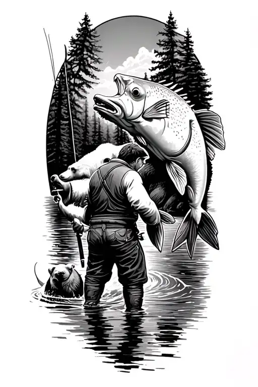 fisher man pulling huge fish with bears in back playing in back with river and trees tattoo design idea