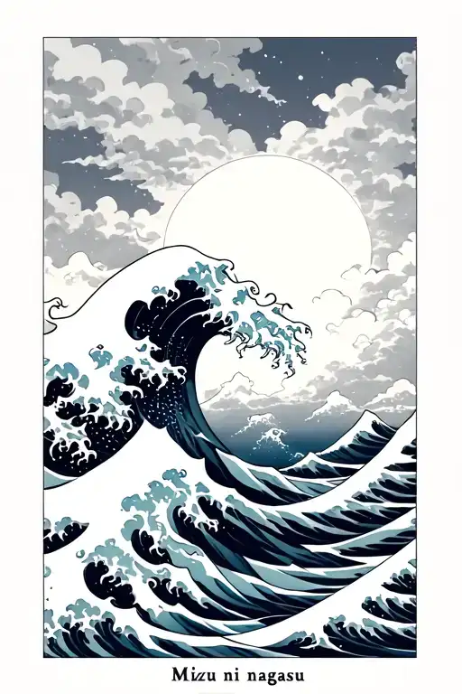 japanese proverb text "mizu ni nagasu" with the great wave of kanagawa tattoo design idea
