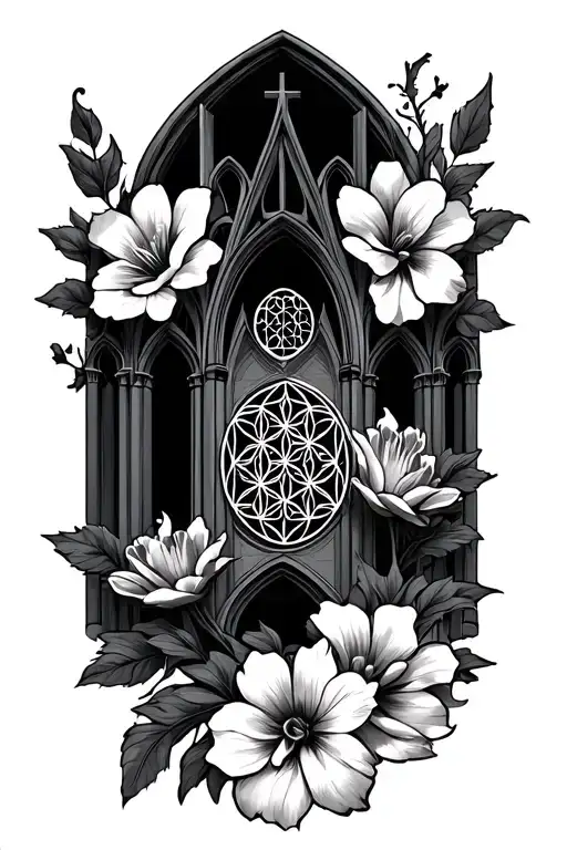 gothic cathedral with flowers wrapping around arm with flower of life design filler tattoo design idea