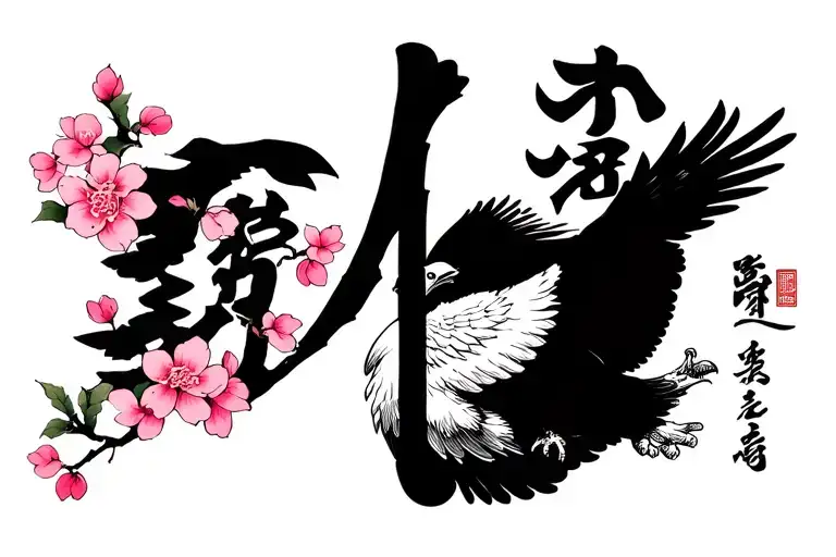 Cherry blossom tree and American eagle with the Japanese word strength and courage  tattoo design idea