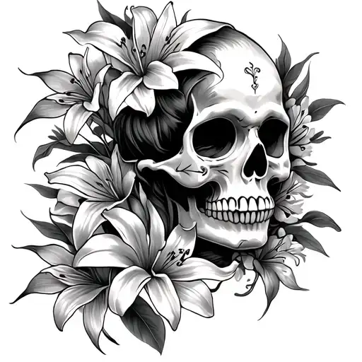 sugar skull side profile with lillies tattoo design idea