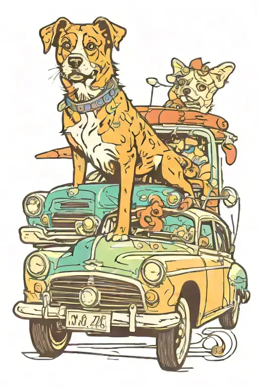 Combine your daughter's favorite dog breed with a classic car in a colorful and playful composition tattoo design idea