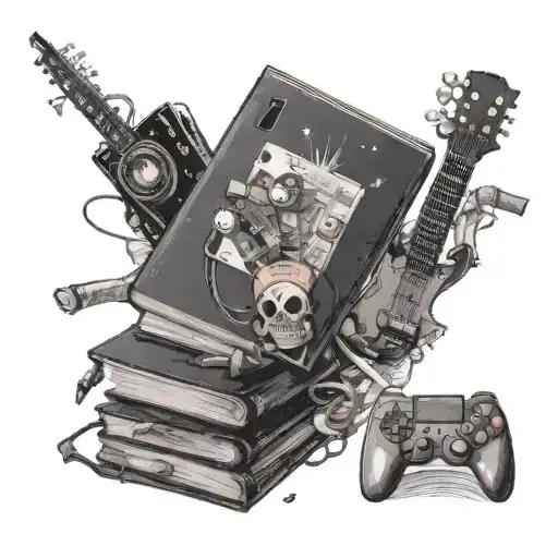 A stack of books with a guitar on top and video game controllers scattered around, all in a black-grey style tattoo design idea
