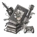 A stack of books with a guitar on top and video game controllers scattered around, all in a black-grey style tattoo design idea