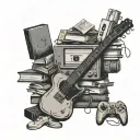 A stack of books with a guitar on top and video game controllers scattered around, all in a black-grey style tattoo design idea