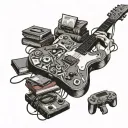 A stack of books with a guitar on top and video game controllers scattered around, all in a black-grey style tattoo design idea