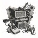 A stack of books with a guitar on top and video game controllers scattered around, all in a black-grey style tattoo design idea