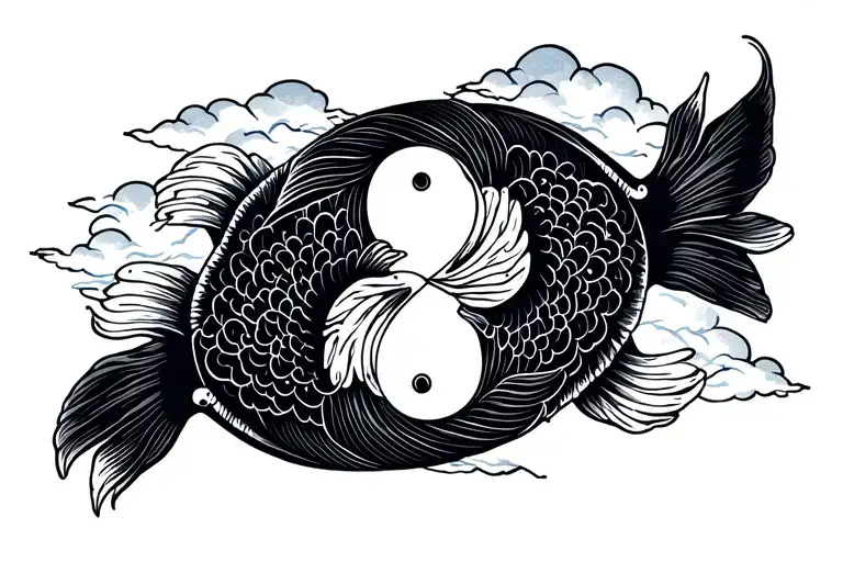 Japanese style with Koi Yin and Yang fish with cloud background tattoo design idea