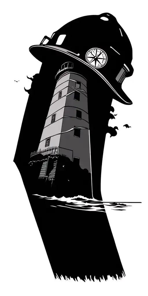 ocean, nautical compass, lighthouse, firefighter helmet tattoo design idea