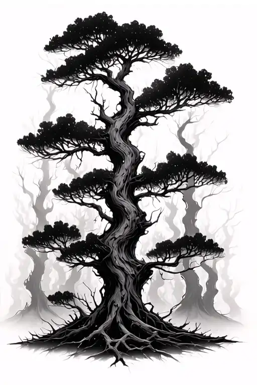 burned forest rendered in charcoal black ink, layers of twisted trees fading into darkness. tattoo design idea