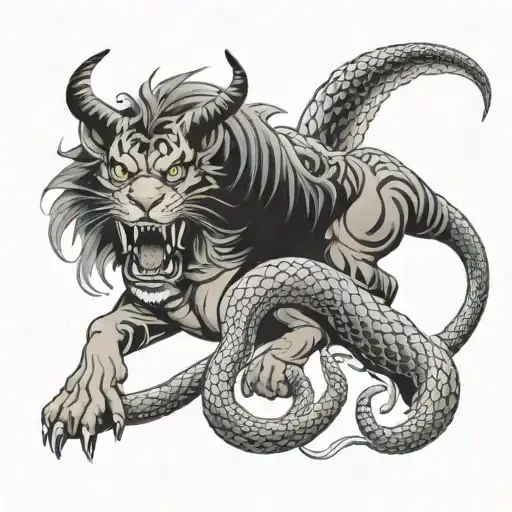 Chimira with the body and heads of a dragon tiger and ram with a snake tail tattoo design idea