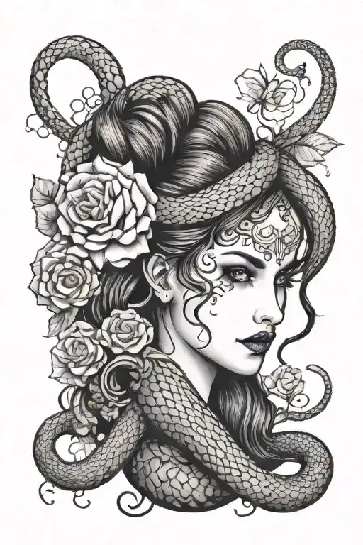 gothic girl floral snake tattoo design idea