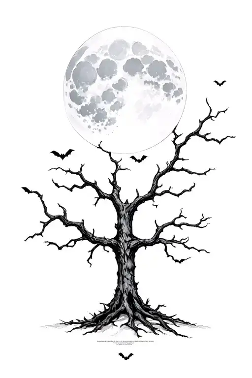 dead tree centered and b negative shaded moon and clouds starting below the boom to the bottom of the tree and 8 bats tattoo design idea
