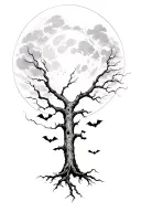 dead tree centered and b negative shaded moon and clouds starting below the boom to the bottom of the tree and 8 bats tattoo design idea