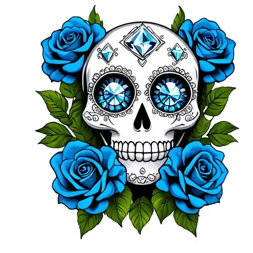 sugar skull with diamonds on eyes and blue roses on each sides tattoo design idea