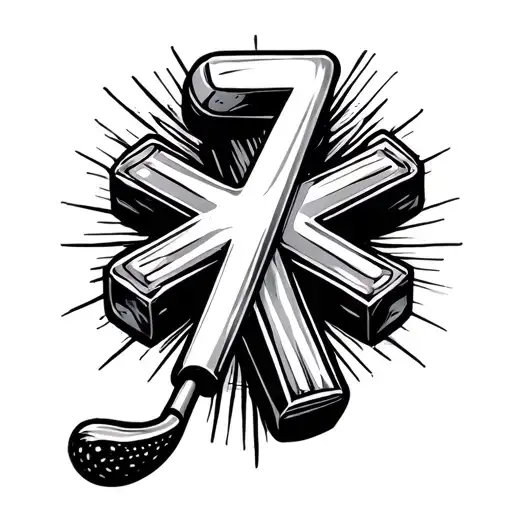 cross with a golf club and weights with the number 7 tattoo design idea