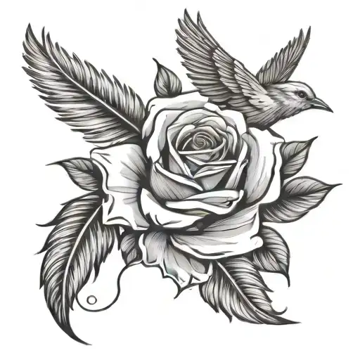 rose with petals falling off and turning into feathers that turn into birds flying away tattoo design idea