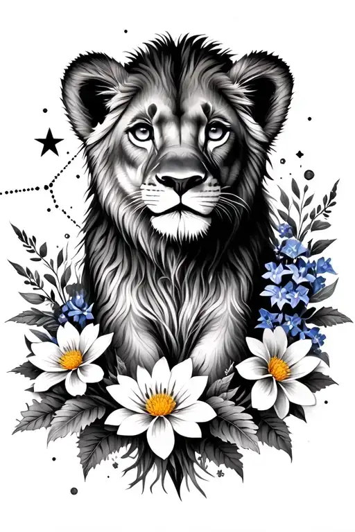 small lion cub surrounded by Virgo constellation, bouquet of asters, delphinium, water lilies and morning glories tattoo design idea