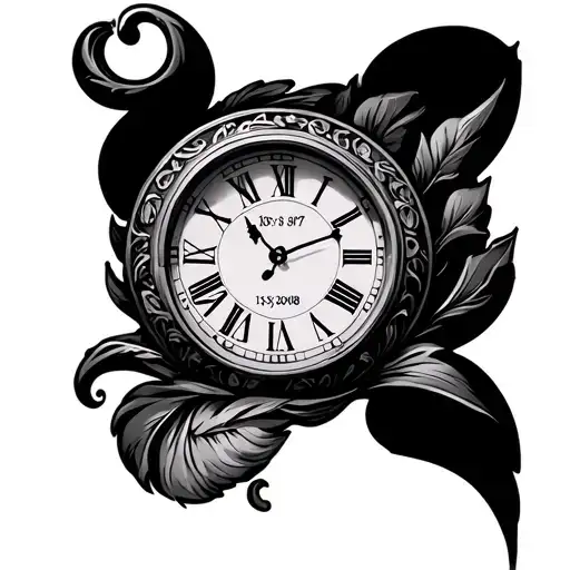 Tattoo on shoulder, round clock with roman numerals displaying 18:37 and the date 13:09:2008 in roman numerals in front  tattoo design idea