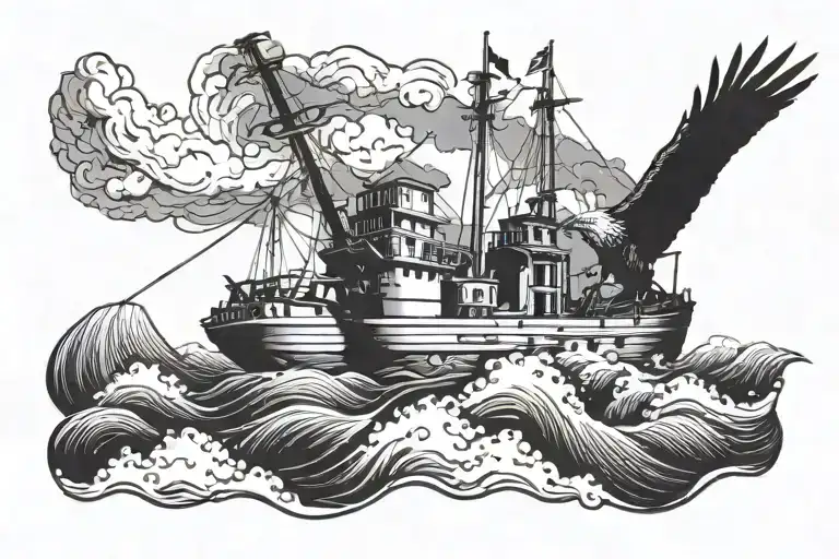 Tugboat high waves crashing in the background eagle in the sky  tattoo design idea