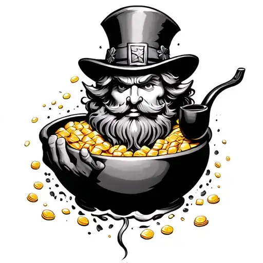 irish evil leprechaun, pot of gold floating, luck on knuckles pipe in hand  tattoo design idea