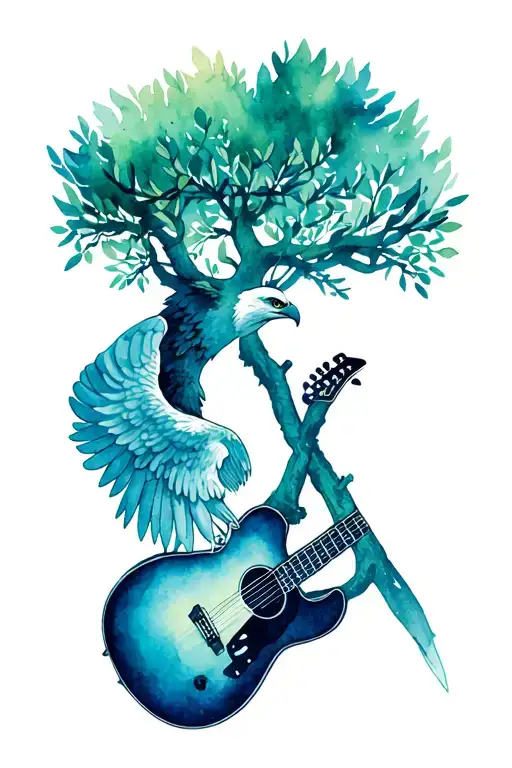 full olive tree with eagle wings and guitar intertwined tattoo design idea