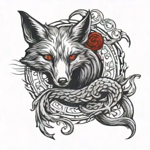 Ouroboros fox tarot devil in red and blue tones tattoo design idea