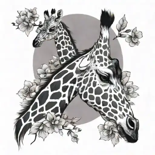giraffe silhouette surrounded by flowers and one feather intertwined  tattoo design idea