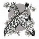 giraffe silhouette surrounded by flowers and one feather intertwined  tattoo design idea