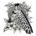 giraffe silhouette surrounded by flowers and one feather intertwined  tattoo design idea