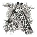 giraffe silhouette surrounded by flowers and one feather intertwined  tattoo design idea