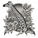 giraffe silhouette surrounded by flowers and one feather intertwined  tattoo design idea