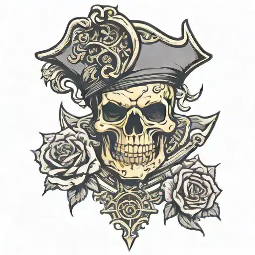 outline of a pirate demon skull with roses and an anchor tattoo design idea