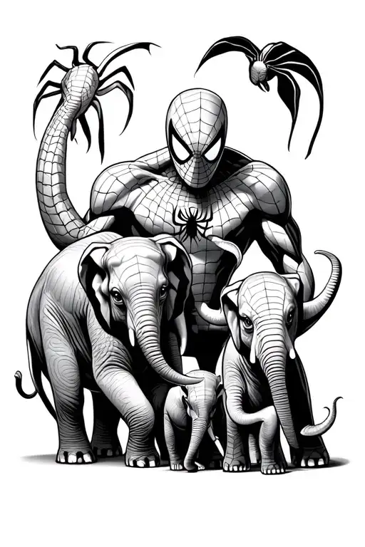 Spider-Man and elephant tattoo with a mom and two children elephants tattoo design idea