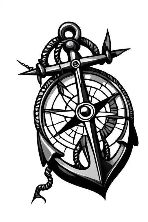 Stained glass compass rose and broken anchor in modern nautical theme tattoo design idea