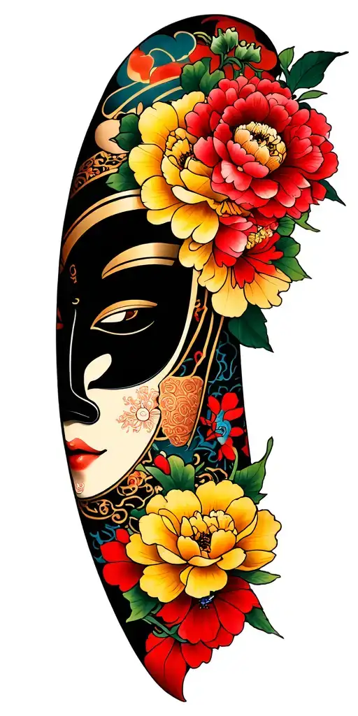 Japanese style sleeve tattoo with traditional masks and designs and peonies with yellow and red flowers tattoo design idea