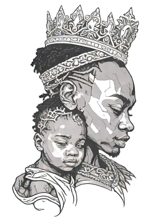 A young black African-American male wearing a diamond crown and jewelry holding a baby girl looking down crying tattoo design idea