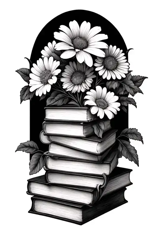 a stack of closed books with flowers being the focal piece growing through and around the books tattoo design idea