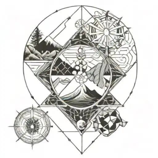Vitruvian man, mountain, wave, buoy, snowflake, owl, cancer, Savoy cross, wolf, Inti tattoo design idea