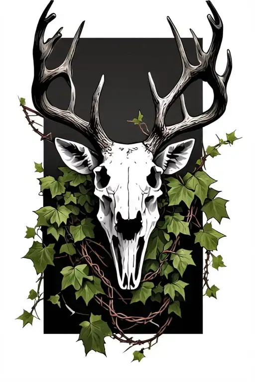 barbed wire and ivy vines wrapped in deer skull  tattoo design idea